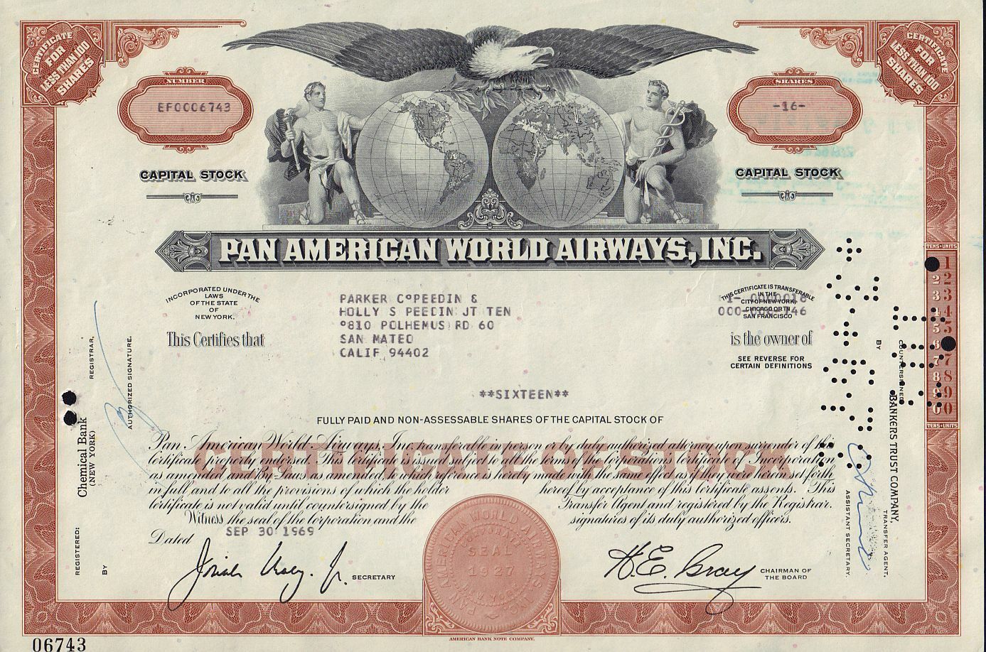 Pan American  World Airways  1969 Issued To Parker & Holly Peedin