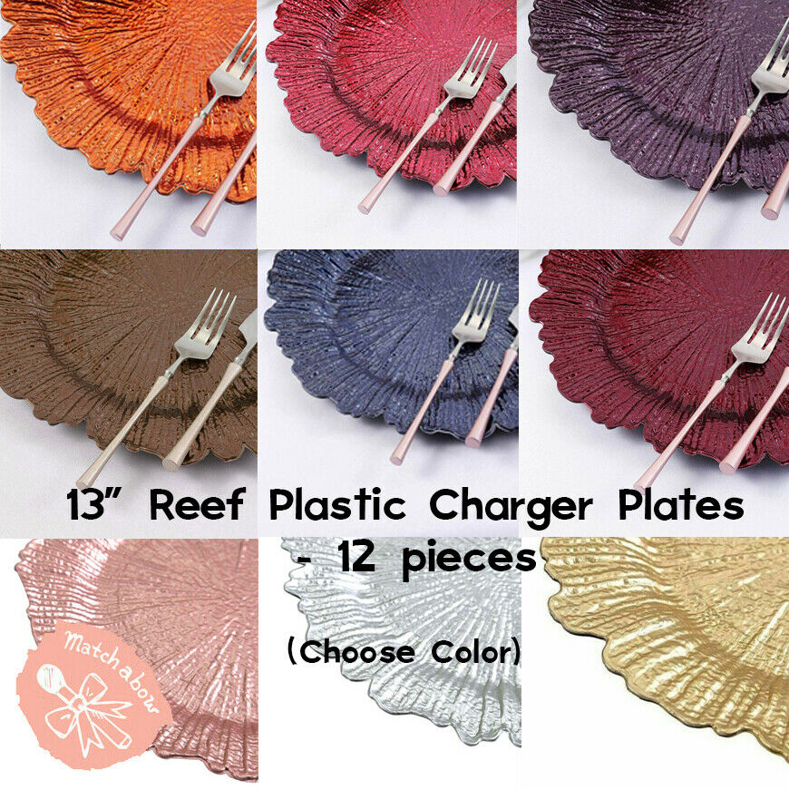 12pcs Reef Pattern Acrylic Plastic Charger Plate Shiny Finish Rose Gold Silver