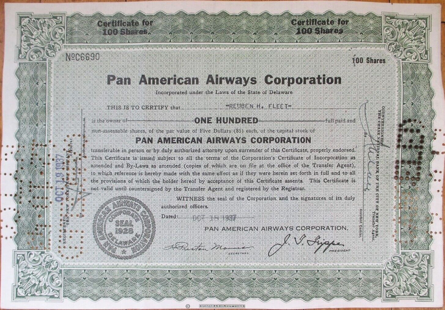 Pan American Airways 1937 Early Version Stock Certificate - 100 Shares, Green