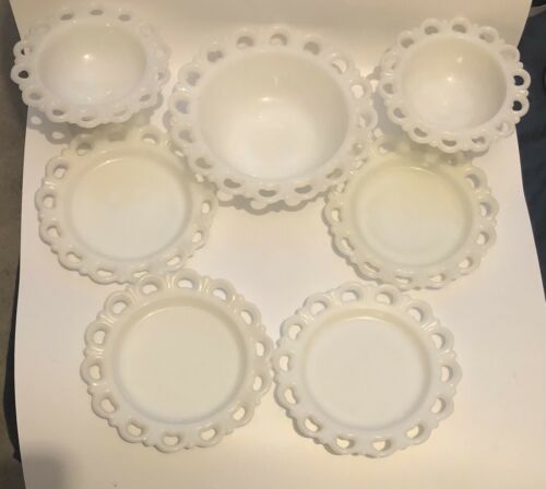 Vtg Anchor Hocking Lace Edge Old Colony Milk Glass Plates, Pedestal Bowls & Bowl