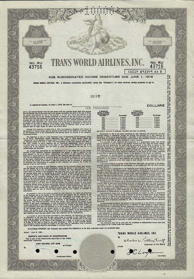 Twa Trans World Airlines Inc Dd  1961  Old Bond Cert - Usd 10,000  Old Bond