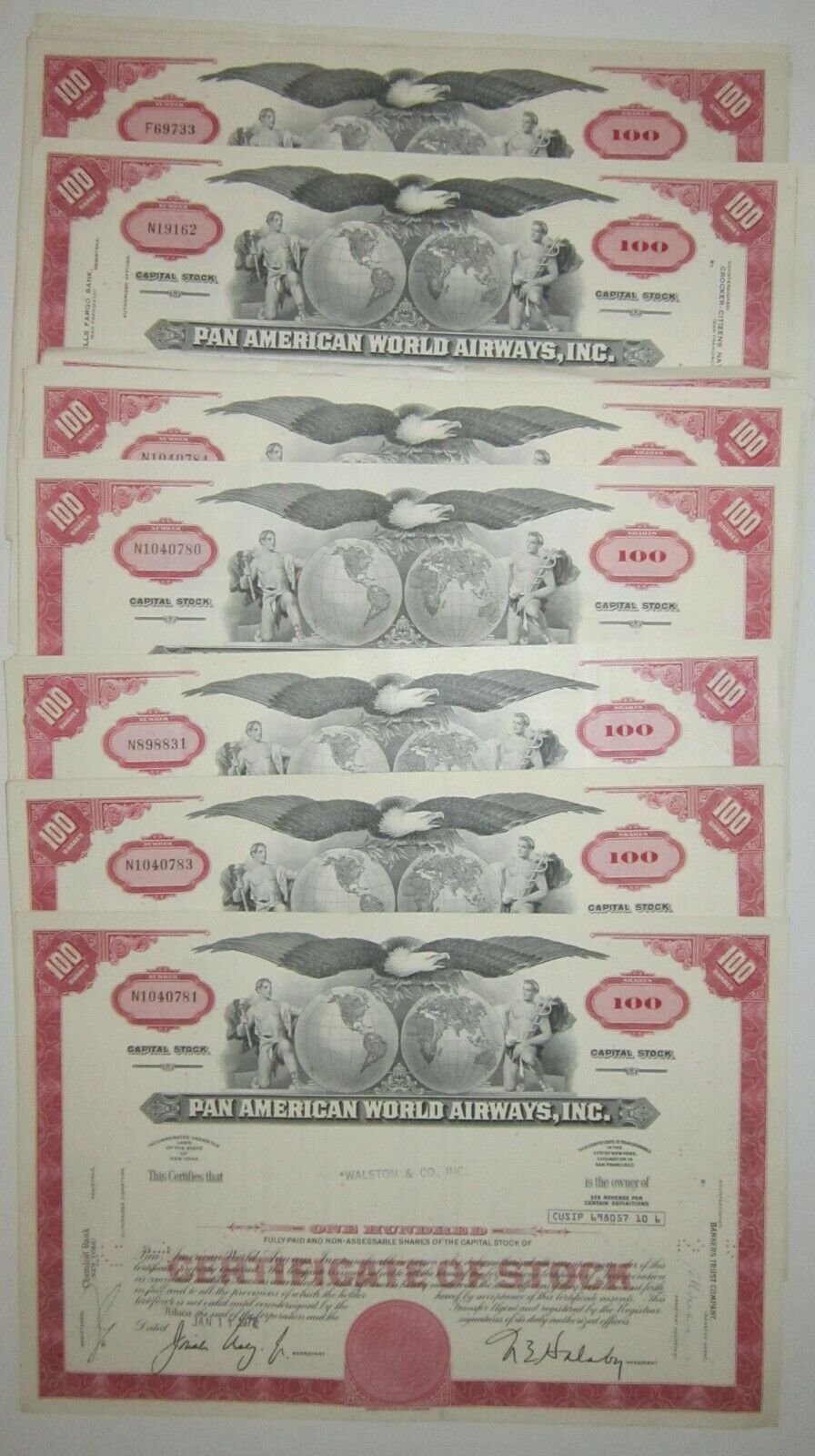 Lot Of Fifty Pan Am Airways 100 Share Stock Certificates