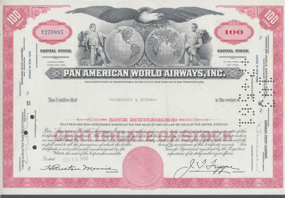 Pan American World Airways Airline Stock Certificate 100 Shares 1960